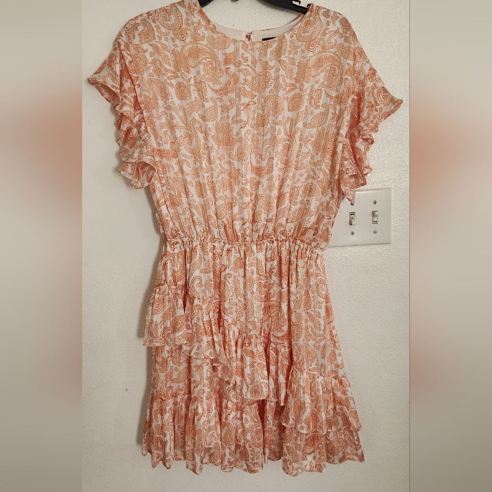 Aqua Paisley Patterned White and Orange Shimmering  Ruffled Dress Size Large